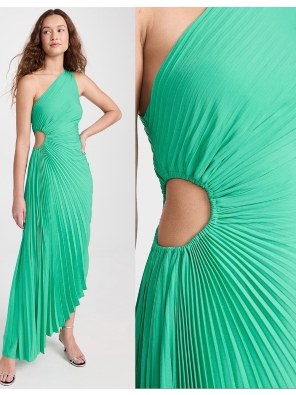 A.L.C. One-Shoulder Emerald Green Pleated Maxi Dress with Cutout